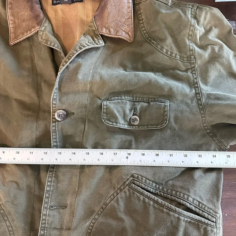 Banana Republic‎ VTG Army Green Leather Collar Distressed Jacket Mens M Read